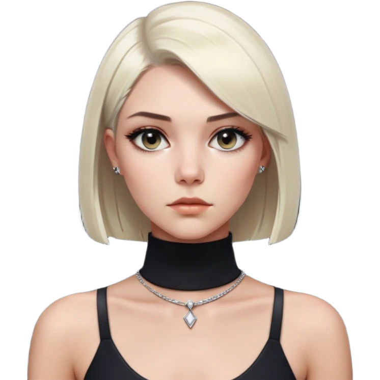 A close-up of a woman with sleek, platinum blonde hair, styled in a blunt bob. She’s wearing a high-neck black dress with minimal jewelry, and her gaze is intense and mysterious, with a dark, blurred background that enhances the dramatic mood emoji