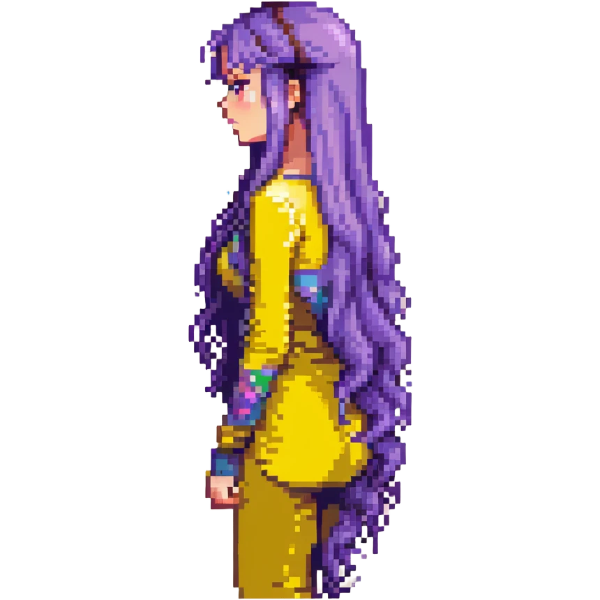 Girl with long purple hair that flows down her back, pixel art style emoji