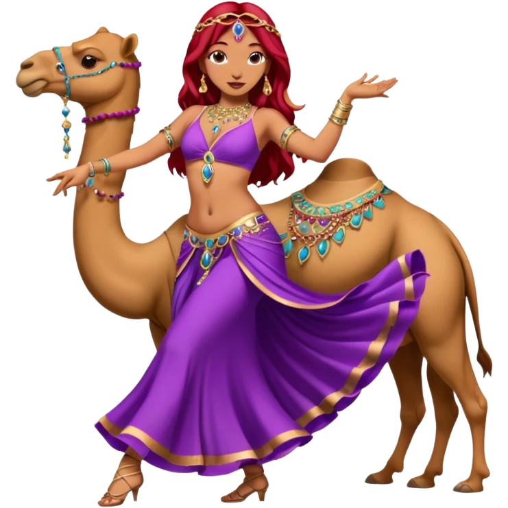 red hair purple dress belly dancer with camel emoji