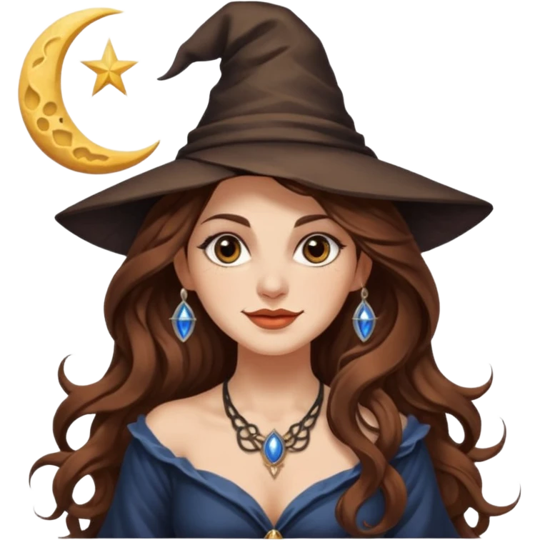 moon witch woman long wavy brown hair tattoos shoulder glance smirk emoji