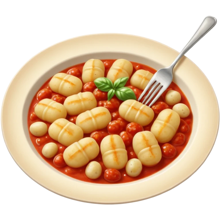 Gnocchi Cinematic Realistic Gnocchi Dish Emoji, depicted as tender oblong potato gnocchi garnished with iconic fork marks on top, rendered with soft textures and warm, inviting lighting. add tomato sauce emoji