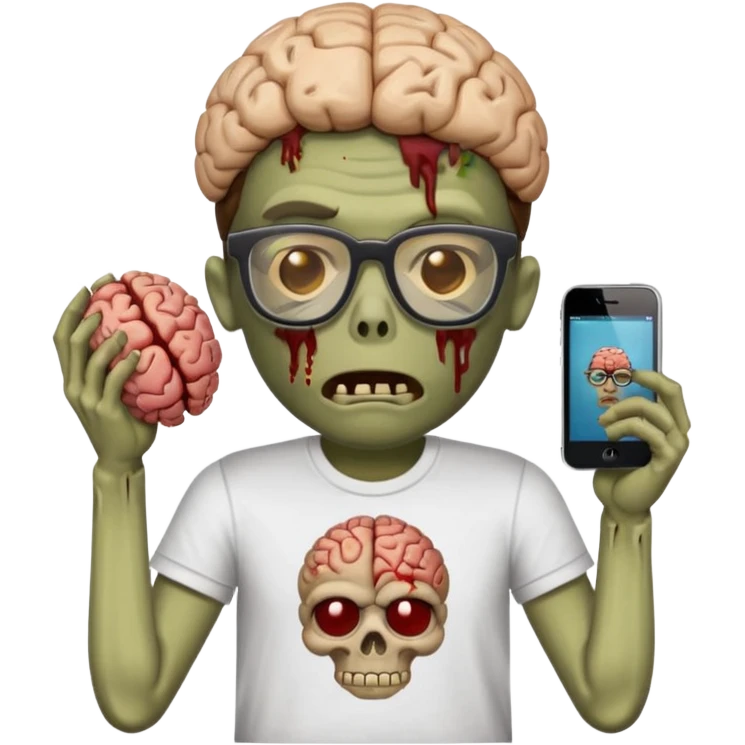 iPhone zombie emoji with a decayed brain, glasses, and a t shirt that says « braindead » emoji