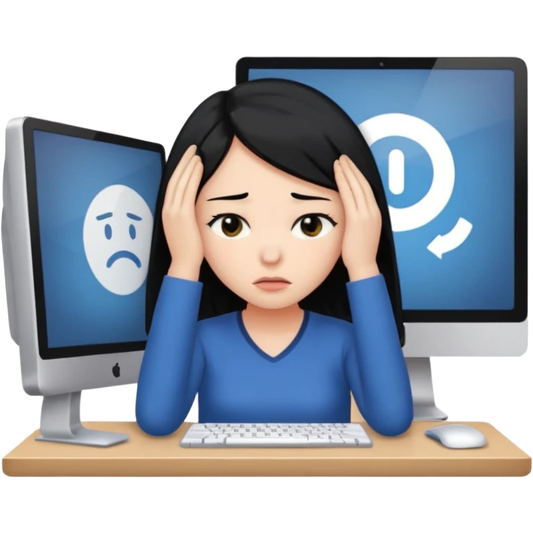 A girl is in front of a computer and is holding her head.The one with black hair emoji