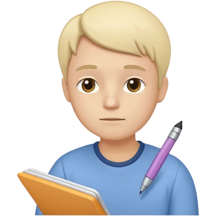 simplified human character holding a notebook and pen, thoughtful facial expression, slightly tilted head, planning life and goals, calm and focused mood, flat custom emoji sticker, pastel colors, rounded shapes, minimal details, thick outline, white background, no text emoji