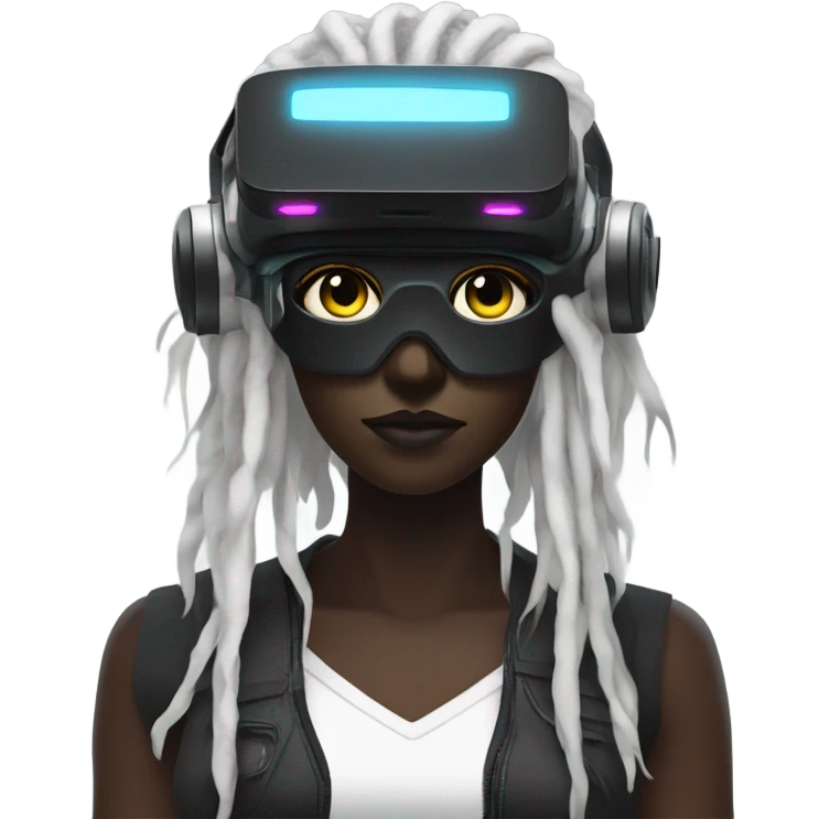 cyberpunk woman, black skin, white dreadlocks, wearing RGB vr headset, eyes covered, bright colours emoji