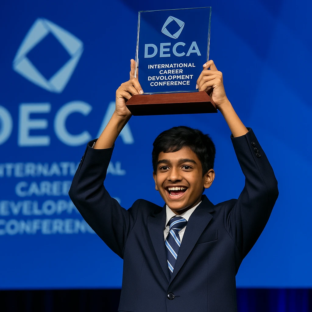 An Indian 14-year-old boy on stage at the DECA International Career Development Conference, raising the official DECA glass trophy above his head. The trophy is a rectangular glass top on a wood base, with the DECA logo and etching, and the stage has DECA branding and blue lighting. emoji
