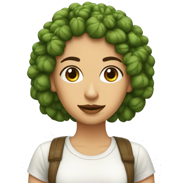 mujer blanca con rulos cortos marrones, ojos marrones con remera con una chala de cannabis emoji