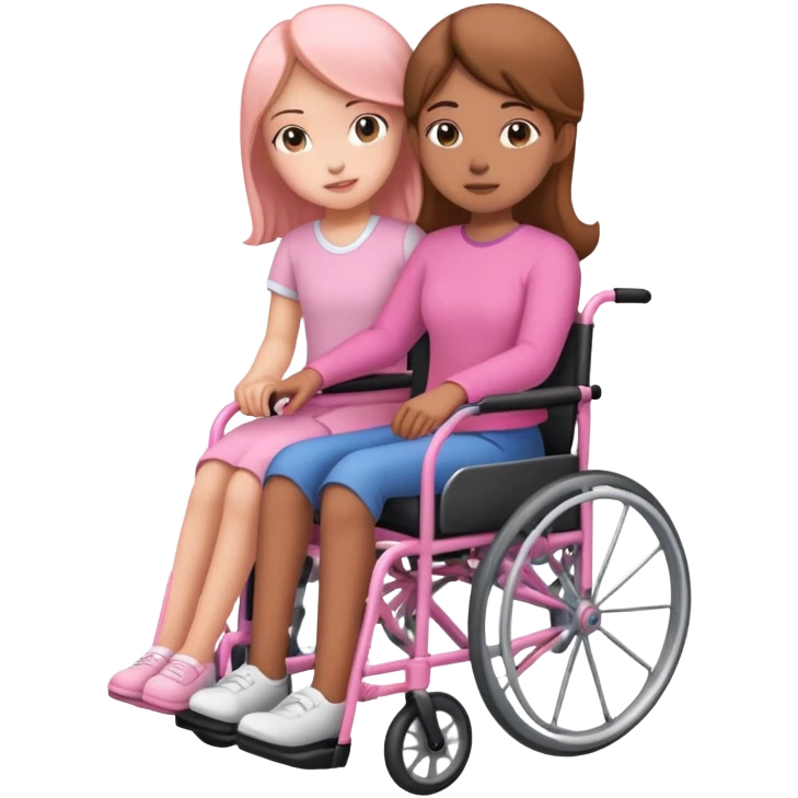 One peach skin sister pushing her light brown skin sister in a pink wheelchair emoji