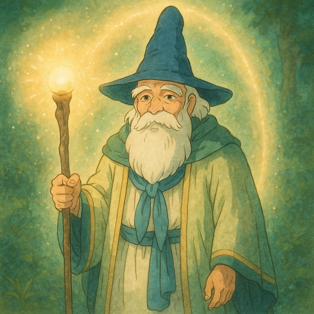 legendary mentor, elegant robe and magical staff, surrounded by light, ghibli style emoji