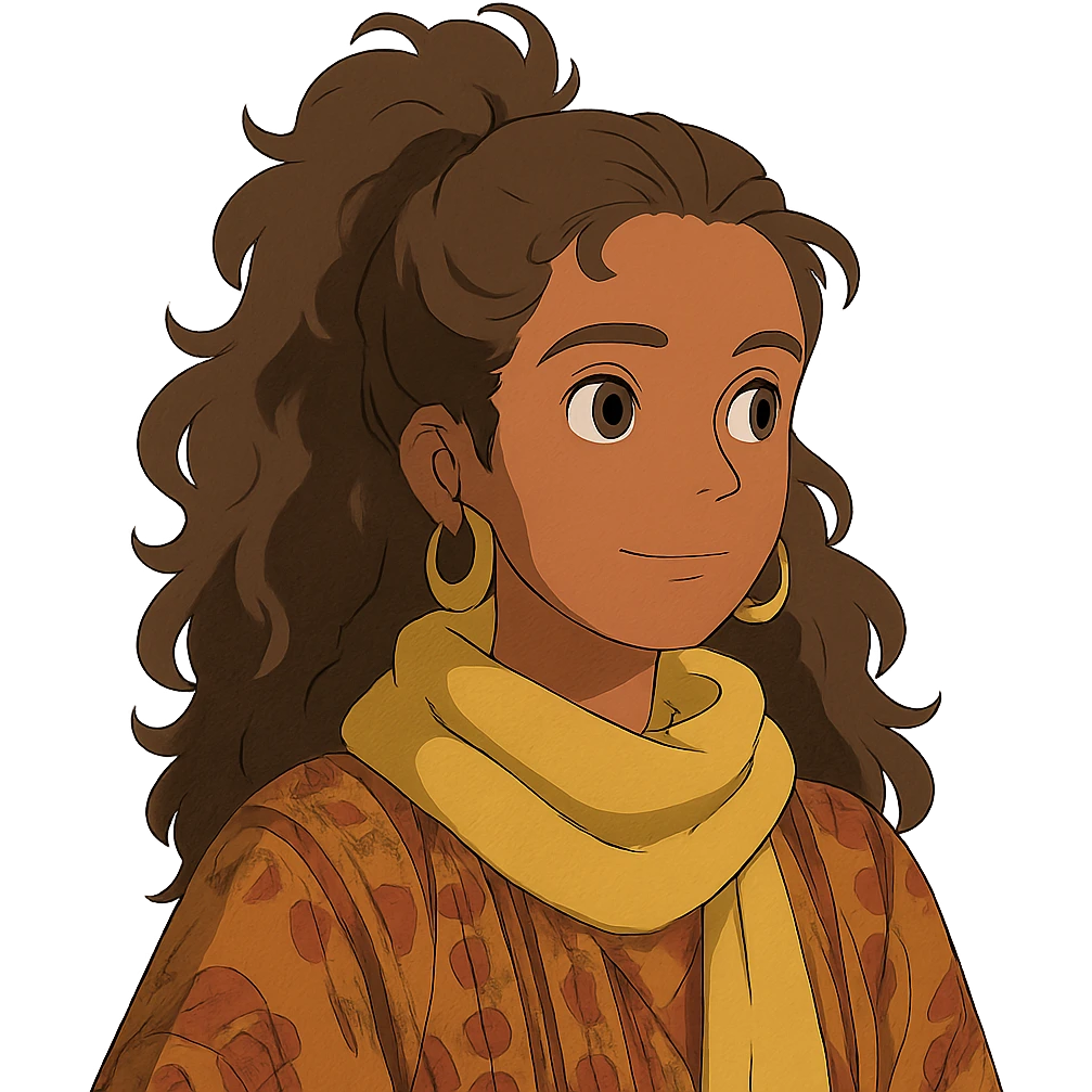 bohemian style girl with brown skin, long brown curly hair tied high, wearing a lemon yellow scarf and round earrings emoji