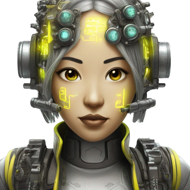 Neon yellow bobbed hair Asian female cyborg head with silver steampunk goggles and circuits emoji