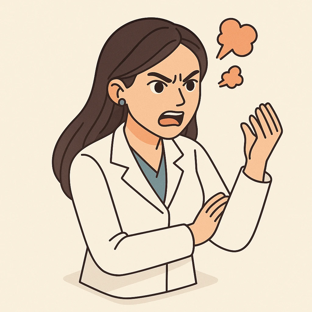 A 2D isometric style illustration of a female doctor with dark long straight hair and detailed brown eyes (not just dots), wearing a white coat, on a minimalist background. She is angry, with expressive pose and emotion, matching the appearance of the second previous variant. emoji