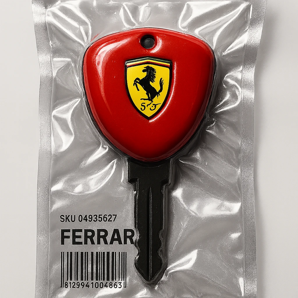 classic Ferrari car key, red with black accents, Ferrari logo, glossy and puffy emoji