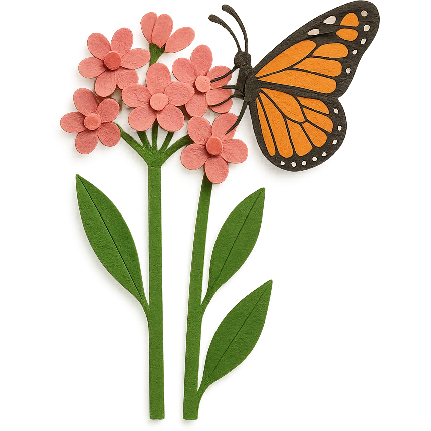 milkweed with monarch butterfly, layered paper details, tall green stems, pink flowers, butterfly perched on a blossom emoji