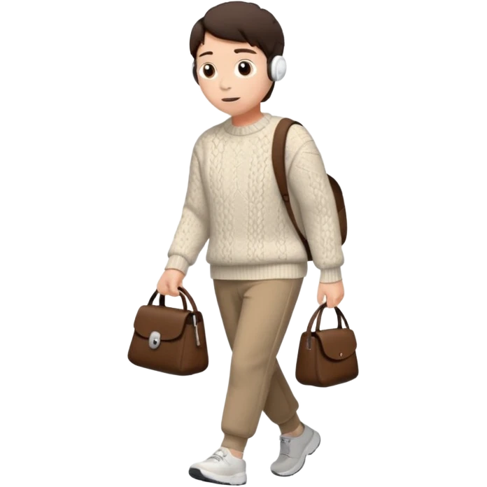 걷고 있는 사람
옷은 겨울에 어울리는 니트와 하의를 입었고 숄더백을 매었다.
머리카락 색깔은 어두운 갈색, 풀은 긴머리를 하고 있다 
귀에는 애플의 에어팟이 착용되어 있다 emoji