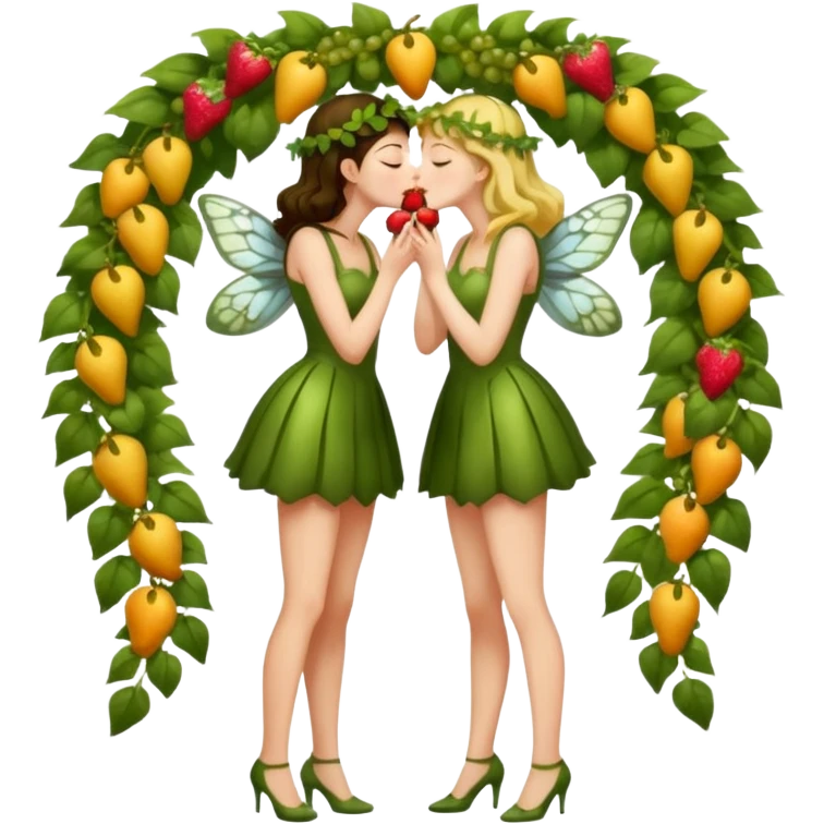 full body two women kissing, fruit vine outfits and moth swarm halo emoji