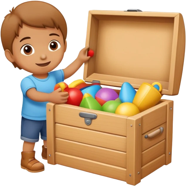 child putting toys back into a toy box, cheerful and responsible emoji