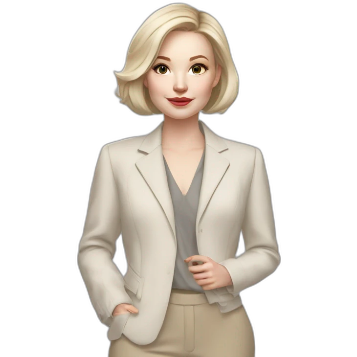 pale skin woman with ash blonde Straightened bob Hair, White Spacious classical jacket, beige palazzo Arrow pants and gray blouse holding RAL colour palette in the hands emoji
