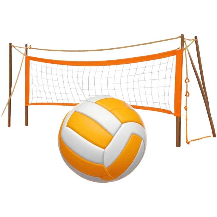 The scene captures a sunny sea beach atmosphere with clear blue sea and sky, palm trees swaying, and people in swimsuits enjoying the vibrant surroundings. A volleyball resting on the orange sand ground of a beach, with a volleyball net in the background.  emoji