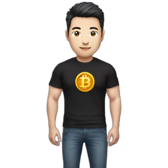 Chinese man with black t-shirt, add Bitcoin logo on His T-shirt, Make the emoji half body emoji