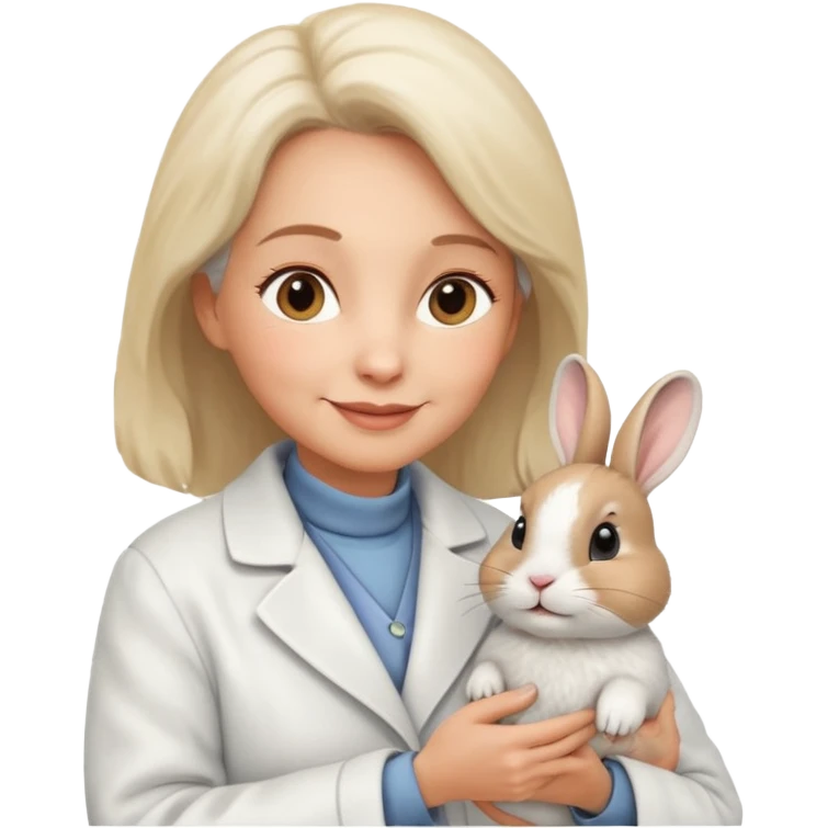 Older female vet – gentle smile, coat, checking rabbit  emoji