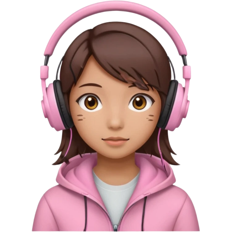 a japanese girl with brown layered cut hair. she has dark brown eyes, and has a cute super light pink gaming headphones emoji