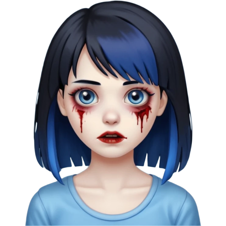 faça uma menina zumbi bonita com um cabelo liso, franja e que metade da franja seja azul e o a outra metade e resto do cabelo sejam pretos emoji