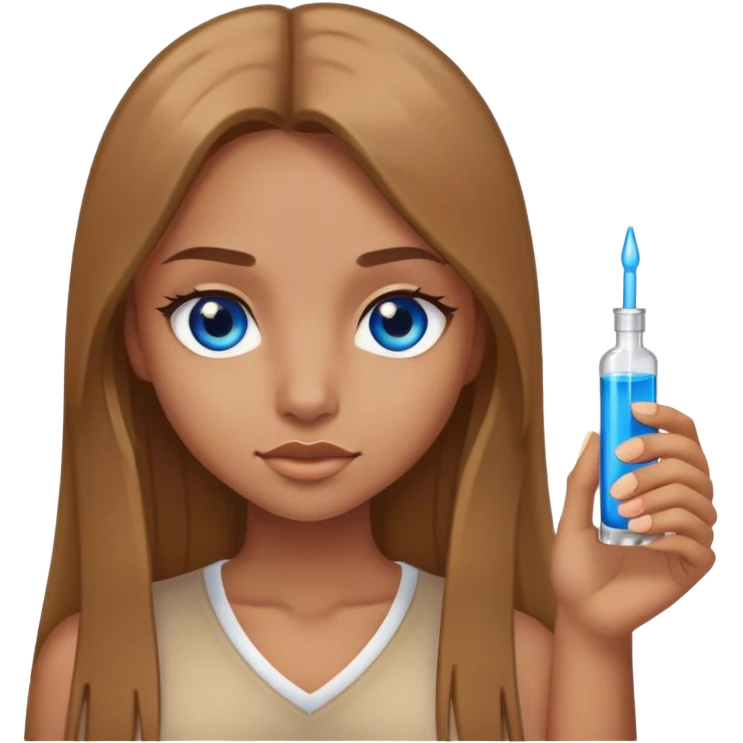 tan girl, long light brown straight hair, blue eyes, holding a shot emoji