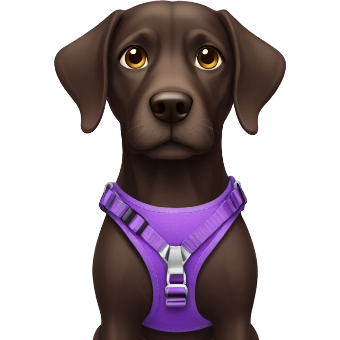 Dark brown dog wearing purple harness emoji