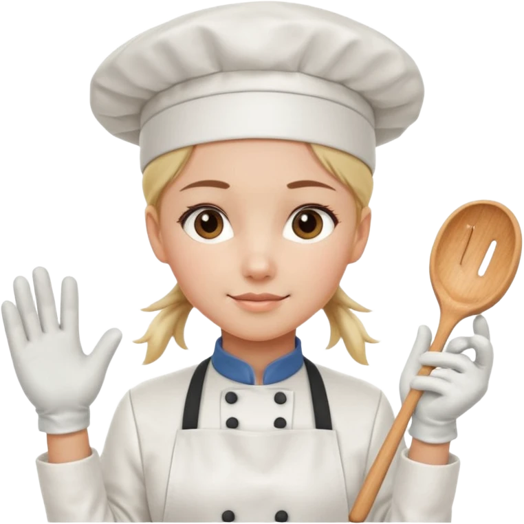 Young female pastry chef - single ponytail, apron, white chef's hat, wearing insulated gloves emoji