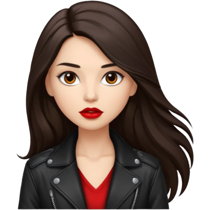 brunette with very long hair in black cuir jacket with red lips and very dark brown eyes emoji