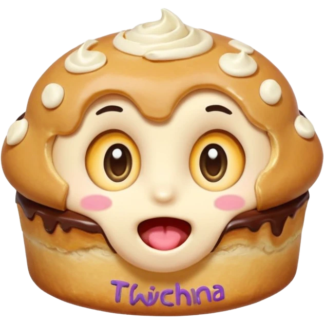 Funny cartoon mini  chochklet pastry, slightly messy and squished, big round eyes, wide open mouth, playful surprised expression, text above: "ПАСТИЧКА", chibi style, Twitch emoji style, transparent background, colorful

 emoji