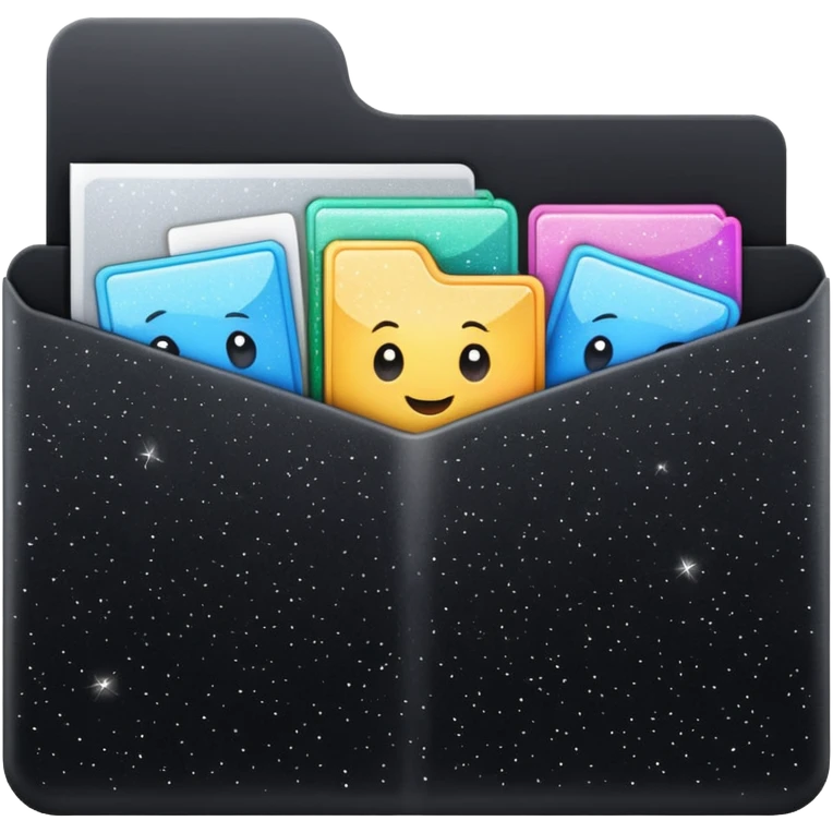 small cute black folder icon, slightly open at the top, multiple pockets or dividers, label on the front with the word 'Titles', sparkles around the folder emoji