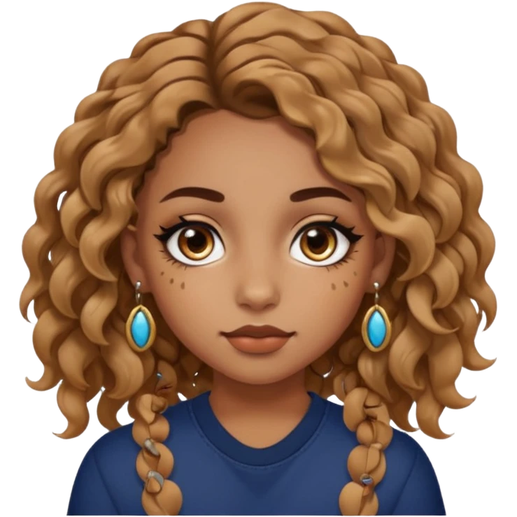 girl with wavy hair, almond shaped eyes, birthmark near her eye, tan, with lots of swag, cool, face piercings (no earrings) emoji