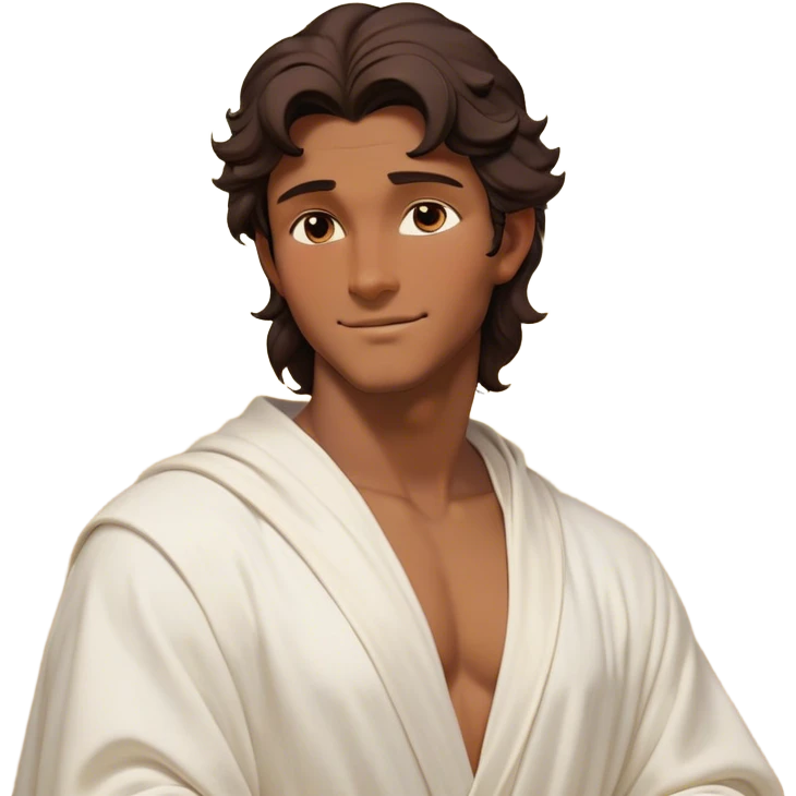 Cinematic Realistic Hercules Portrait, head tilted playfully and inquisitively, showcasing a charming blend of Disney heroic charisma and the refined grace of Michelangelo's David. His sun-kissed bronze skin and thick, wavy dark hair are rendered with classical precision, complementing a warm, inviting smile and sparkling, mischievous eyes. Clad in a softly draped white robe with subtle golden details, he exudes approachable strength under gentle, natural lighting. emoji