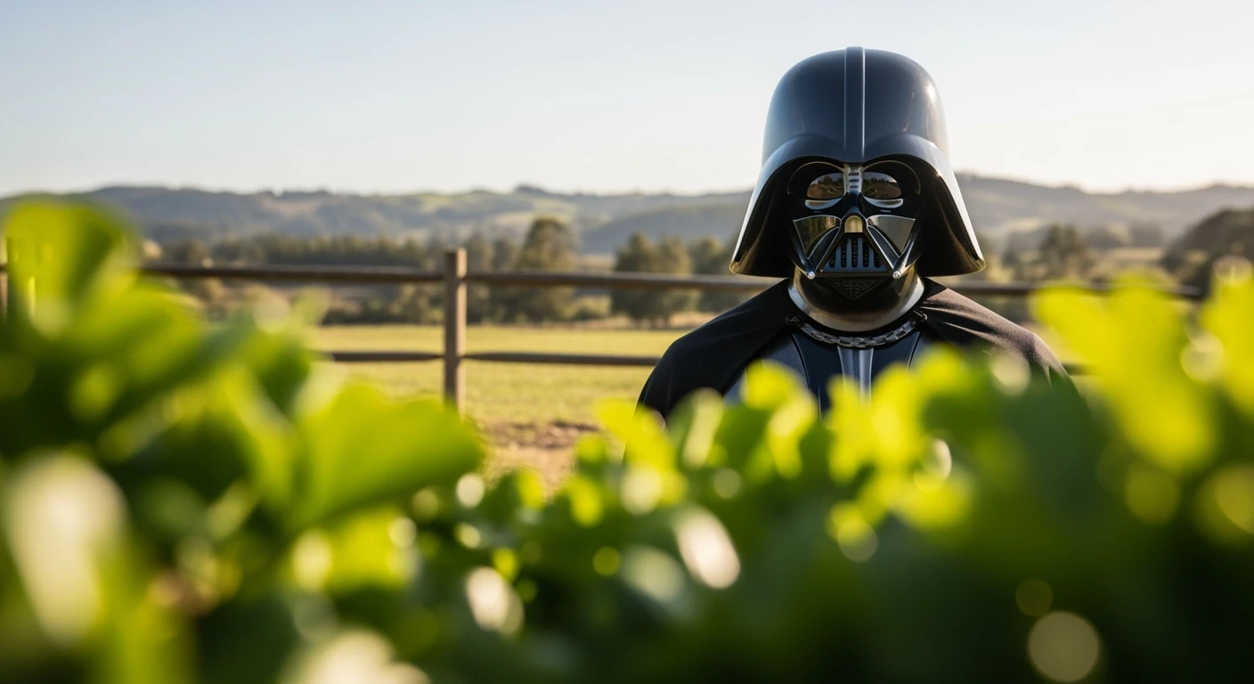 A portrait of a Darth vader in the foreground, blurred plants in the foreground (close to the camera), a wooden fence in the midground, rolling hills in the background, cinematic depth of field, layered composition, natural lighting emoji