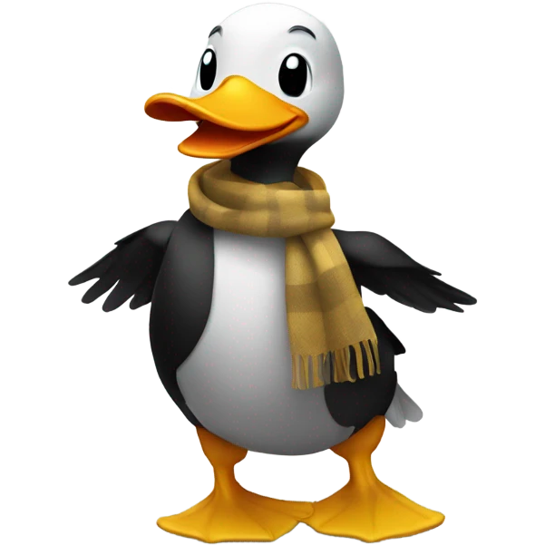Happy duck that crossed the road and is black. Wearing a scarf emoji