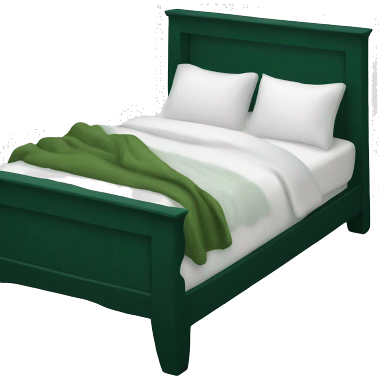 A white double bed with dark green bedding  emoji