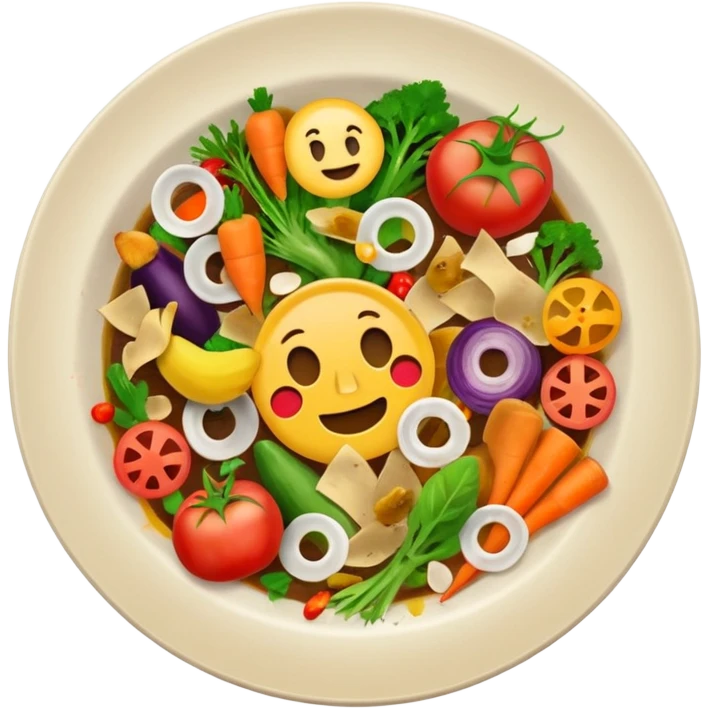 dirty plate after eating, food scraps and vegetable leftovers, no face, emoji style emoji