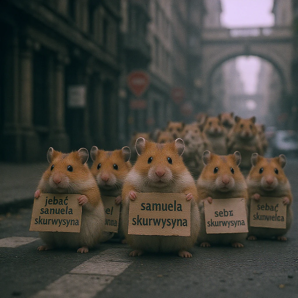 Cinematic shot of a group of hamsters takes over polish sejm. some of them has signs with "jebać samuela skurwysyna". emoji