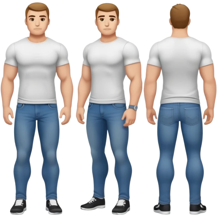 full body bulky male figure standing wearing casual clothes, muscular build, not overweight but not skinny, t-shirt and jeans emoji