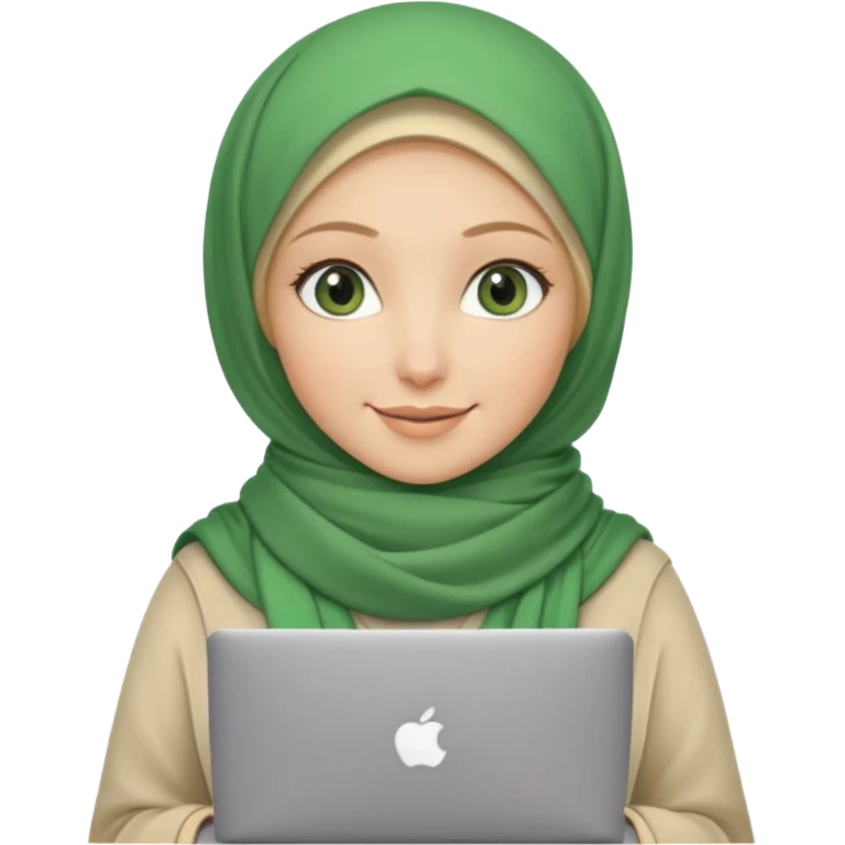blond women skine , with green eyes , with scarf hijab , hid the hair, with macbook emoji