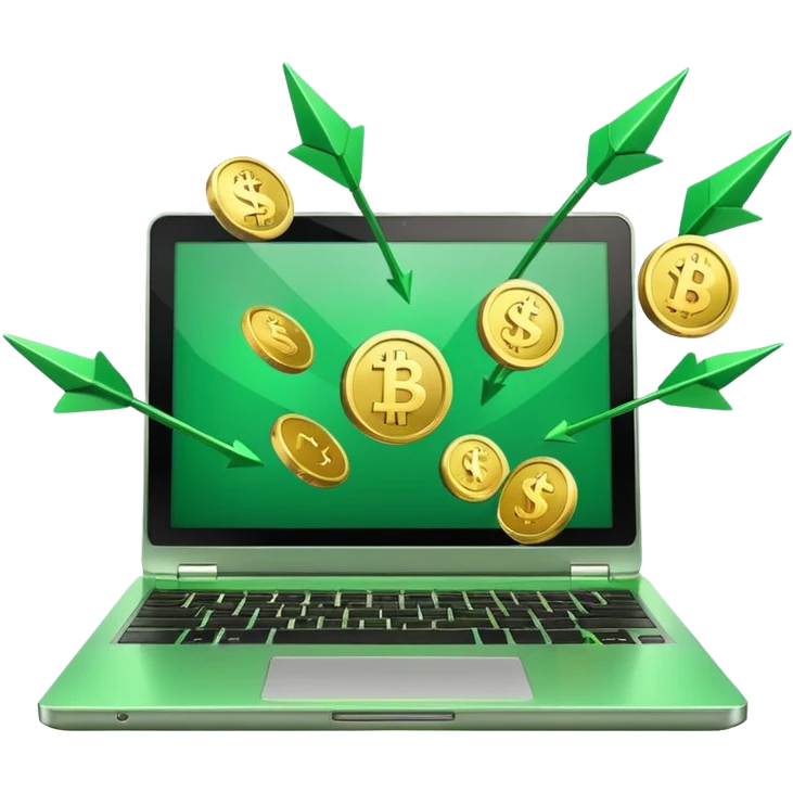 3D laptop icon with gold coins flying out of screen, green color (#0B3D2C), gold accents (#C9B037), upward arrows, glossy modern style, transparent background emoji