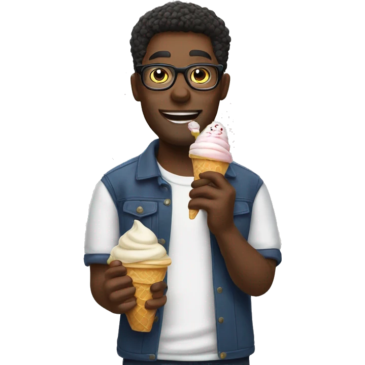 a man whit glasses eating icecream and having a cat in his hand emoji