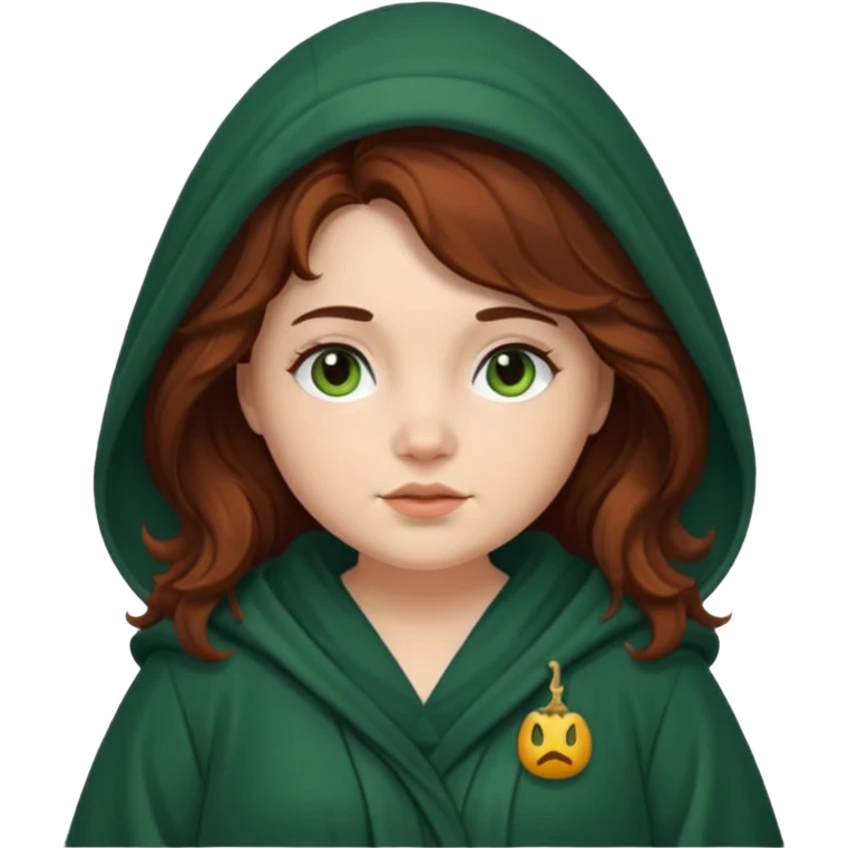 A white woman with a chubby face, with long dark auburn hair robed and hooded like she's a Traitor in the tv show The Traitors. her hair is slightly curly, but kinda frizzy, not with defined curls, and the robe is a very dark green color emoji