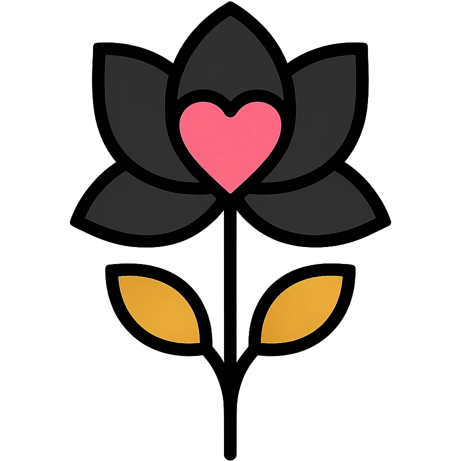 gothic flower, modern, clean lines, minimalistic, with a heart accent, black and pink emoji