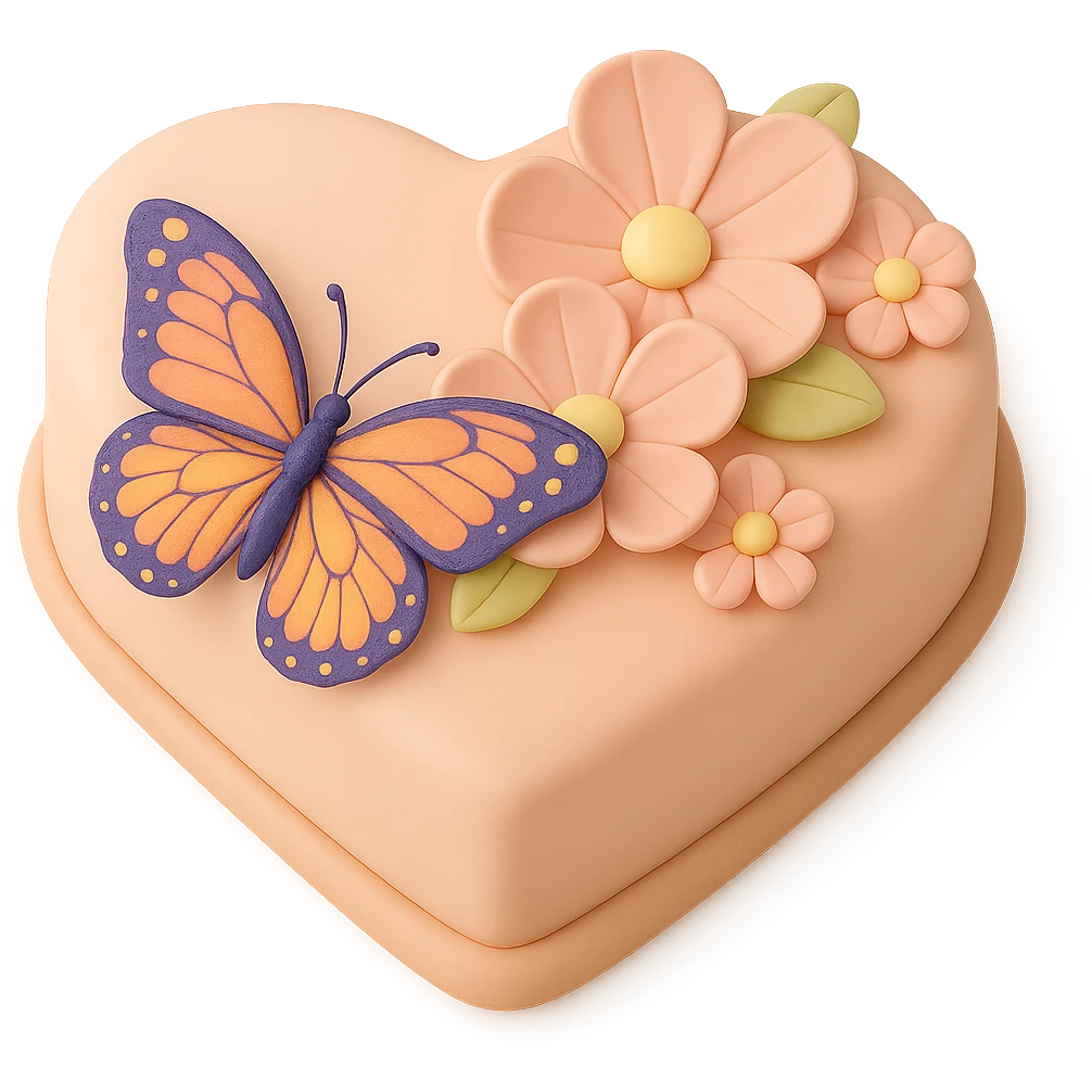 Add a colorful butterfly to the heart-shaped fondant cake with pink flowers, fondant cake art style, keep transparent background. emoji
