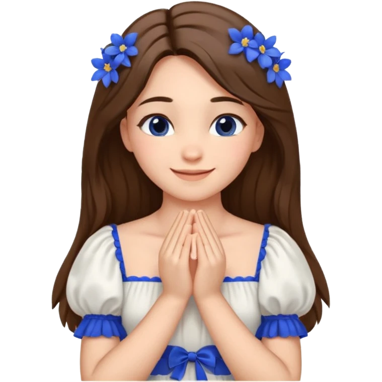 Generate a girl with her eyes closed and smiling and Boht her hands under the chin, palms facing upwards. She should be wearing a white dress with cobalt blue flowers on the dress and puffed sleeves. She has ling straight hair. Only her face and chest is visible. emoji