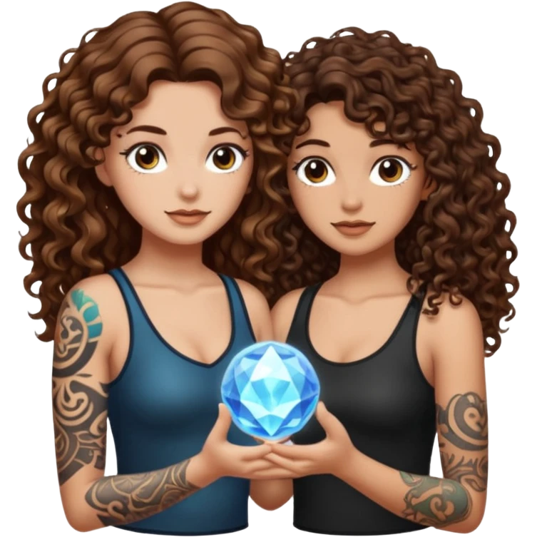 crystal orb realization — long wavy brown hair tattooed woman and short tight curly brown hair woman — glow emoji