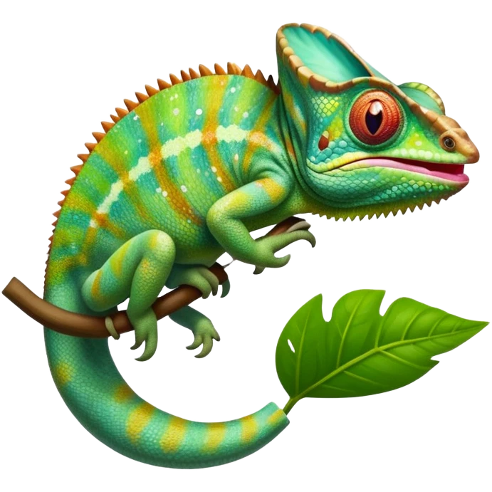 cinematic giant-tongue out chameleon-realistic emoji, mouth wide open with tongue out catching prey, -blending-with-vibrant-greenery.-detailed-scales-in-shifting-colors,-showing-the-chameleon’s-ability-to-camouflage.-soft-natural-light-highlights-its-texture.-light-background, zoomed into its face emoji